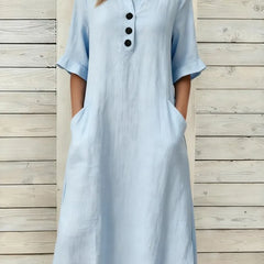 Annika Button-Neck Midi Dress with Pockets in Light Blue