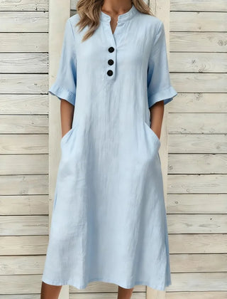 Annika Button-Neck Midi Dress with Pockets in Light Blue