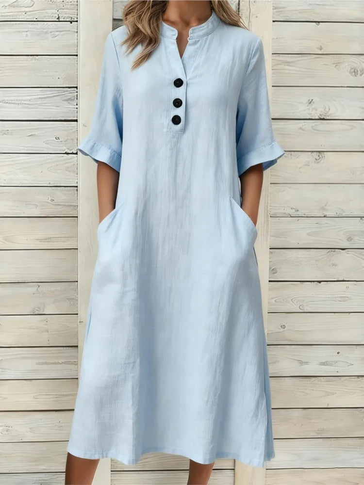 Annika Button-Neck Midi Dress with Pockets in Light Blue