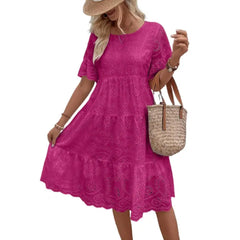 Nerida Embroidered Eyelet Tiered Dress in Rose Pink
