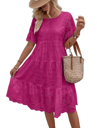 Nerida Embroidered Eyelet Tiered Dress in Rose Pink