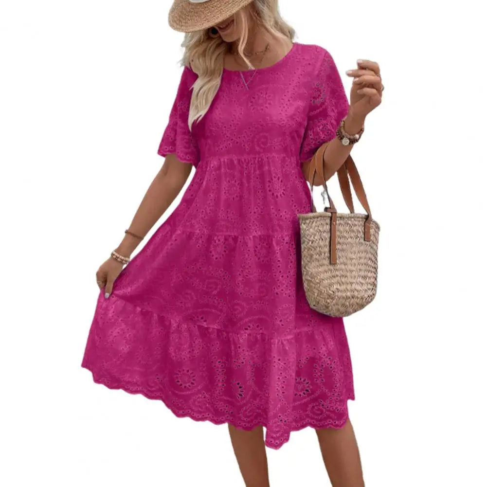 Nerida Embroidered Eyelet Tiered Dress in Rose Pink