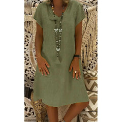 Thea V-Neck Short-Sleeve Shift Dress in Green