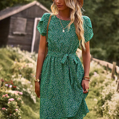 Clementine Belted Floral Print Dress in Green