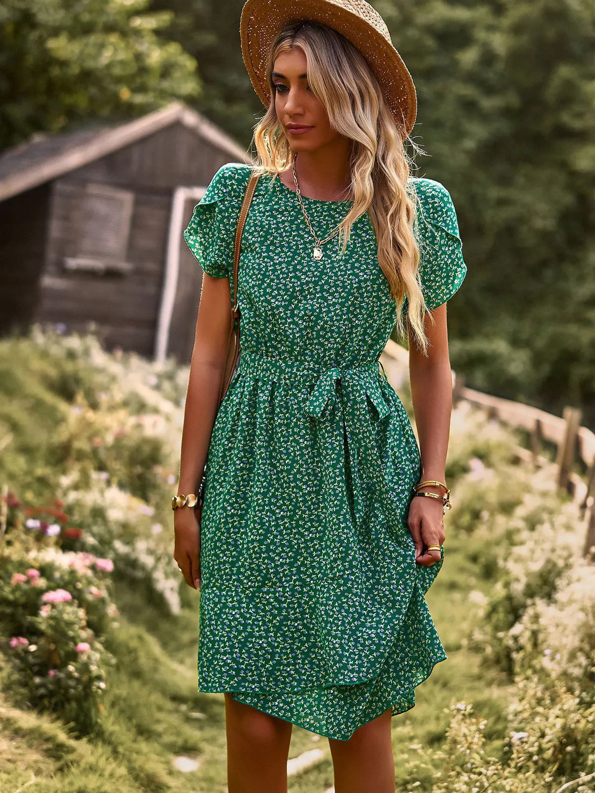 Clementine Belted Floral Print Dress in Green