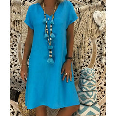 Thea V-Neck Short-Sleeve Shift Dress in Blue