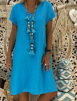 Thea V-Neck Short-Sleeve Shift Dress in Blue
