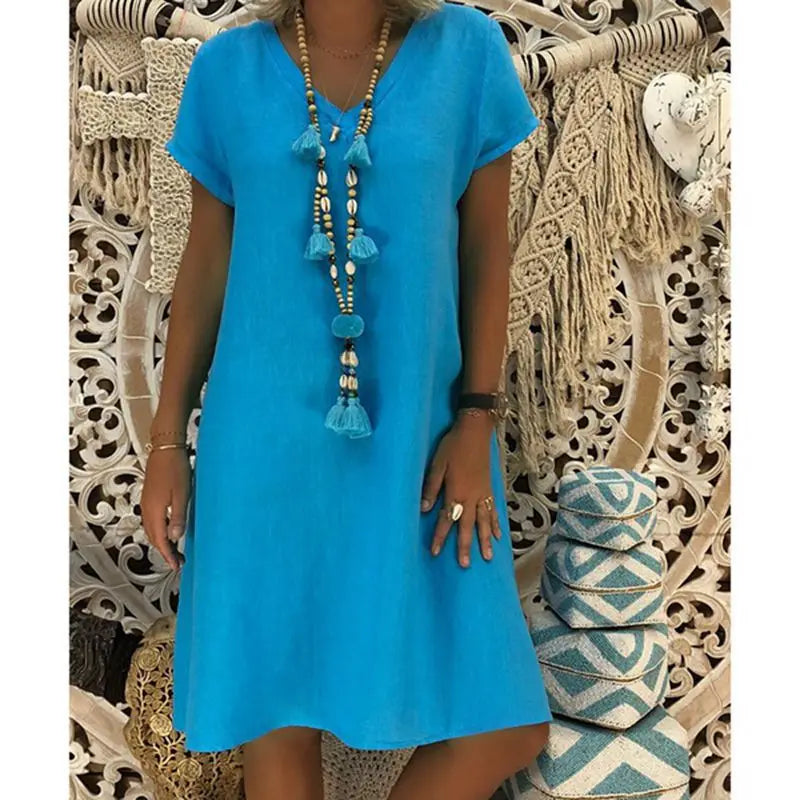 Thea V-Neck Short-Sleeve Shift Dress in Blue