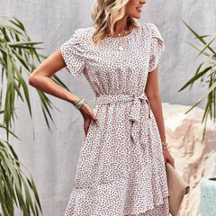 Clementine Belted Floral Print Dress in Cream