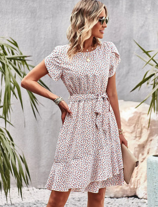 Clementine Belted Floral Print Dress in Cream