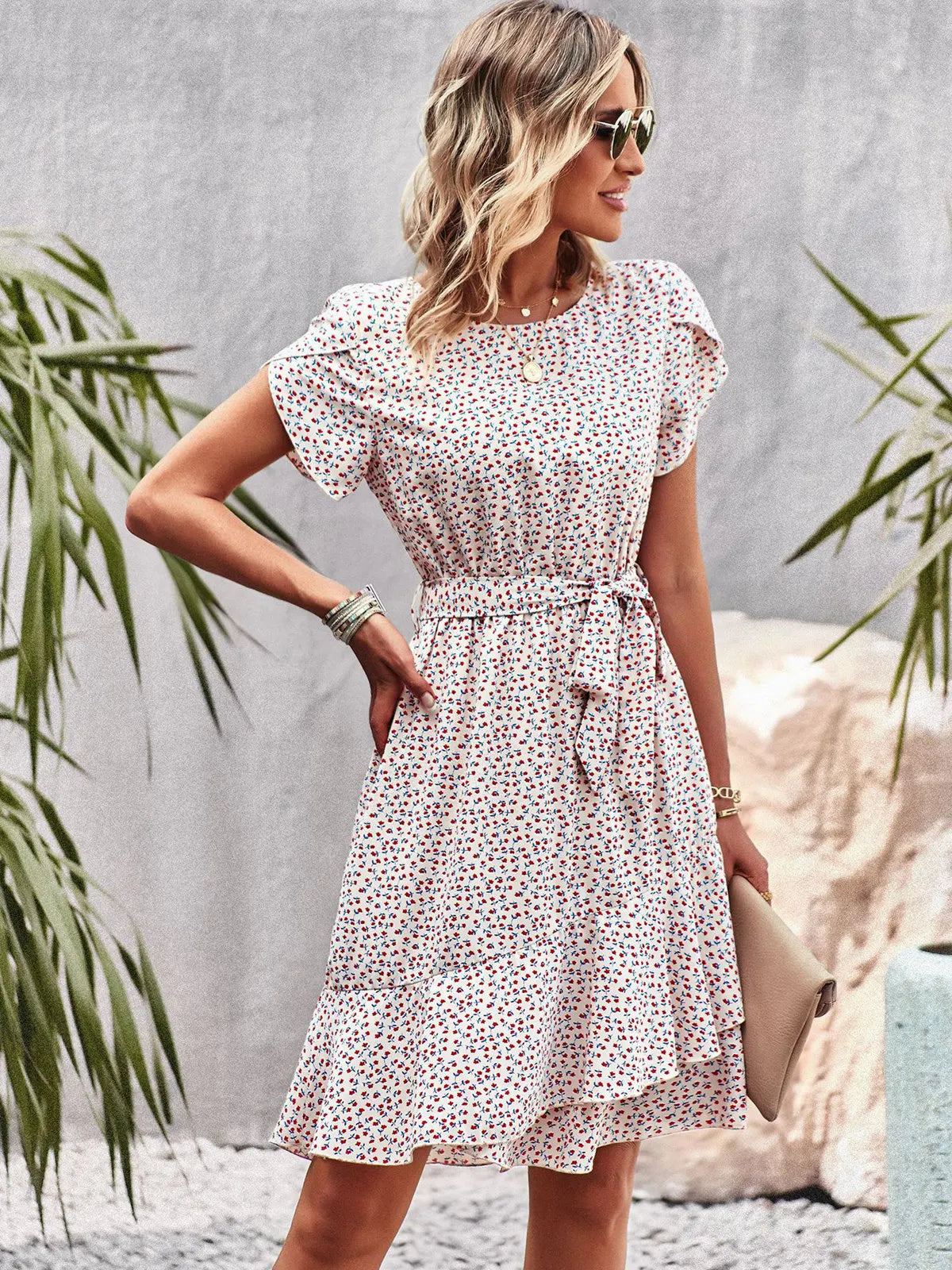 Clementine Belted Floral Print Dress in Cream