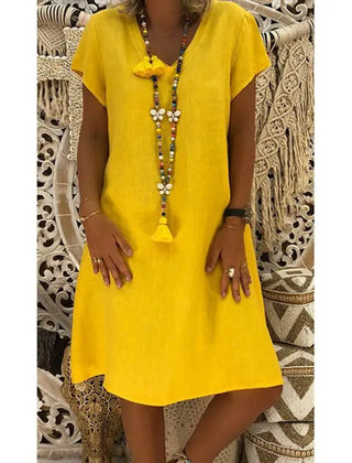 Thea V-Neck Short-Sleeve Shift Dress in Yellow