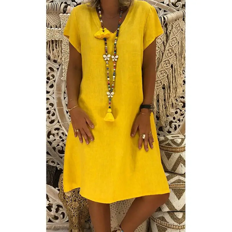 Thea V-Neck Short-Sleeve Shift Dress in Yellow