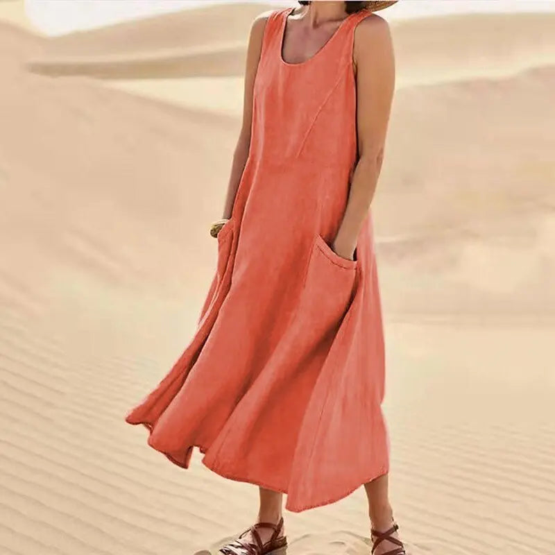 Tilly Sleeveless Pocket Maxi Dress in Coral