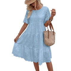Nerida Embroidered Eyelet Tiered Dress in Light Blue