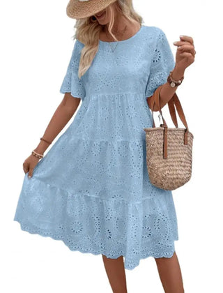 Nerida Embroidered Eyelet Tiered Dress in Light Blue