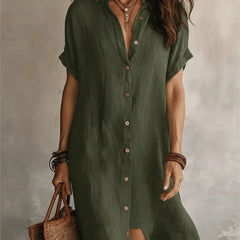 Josie V-Neck Button-Front Shirt Dress in Army Green