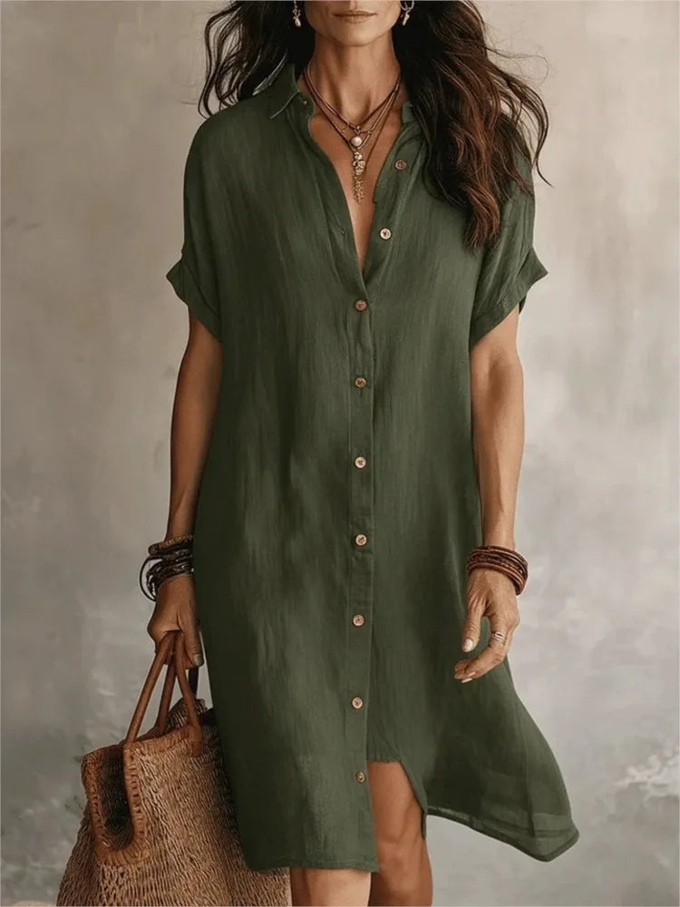 Josie V-Neck Button-Front Shirt Dress in Army Green