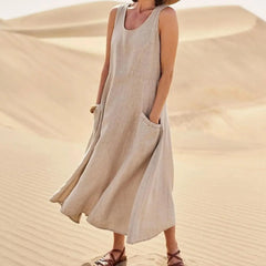 Tilly Sleeveless Pocket Maxi Dress in Beige