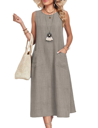 Marigold Sleeveless Pocket Midi Dress in Khaki