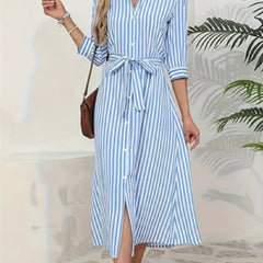 Philippaa Striped Midi Shirt Dress in Blue Stripe