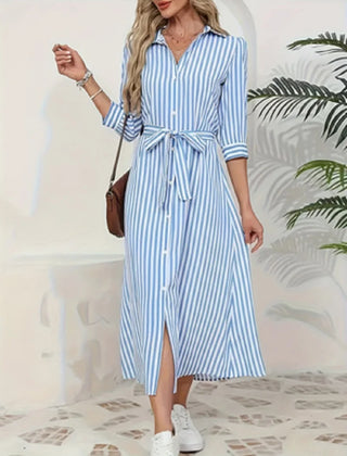 Philippaa Striped Midi Shirt Dress in Blue Stripe