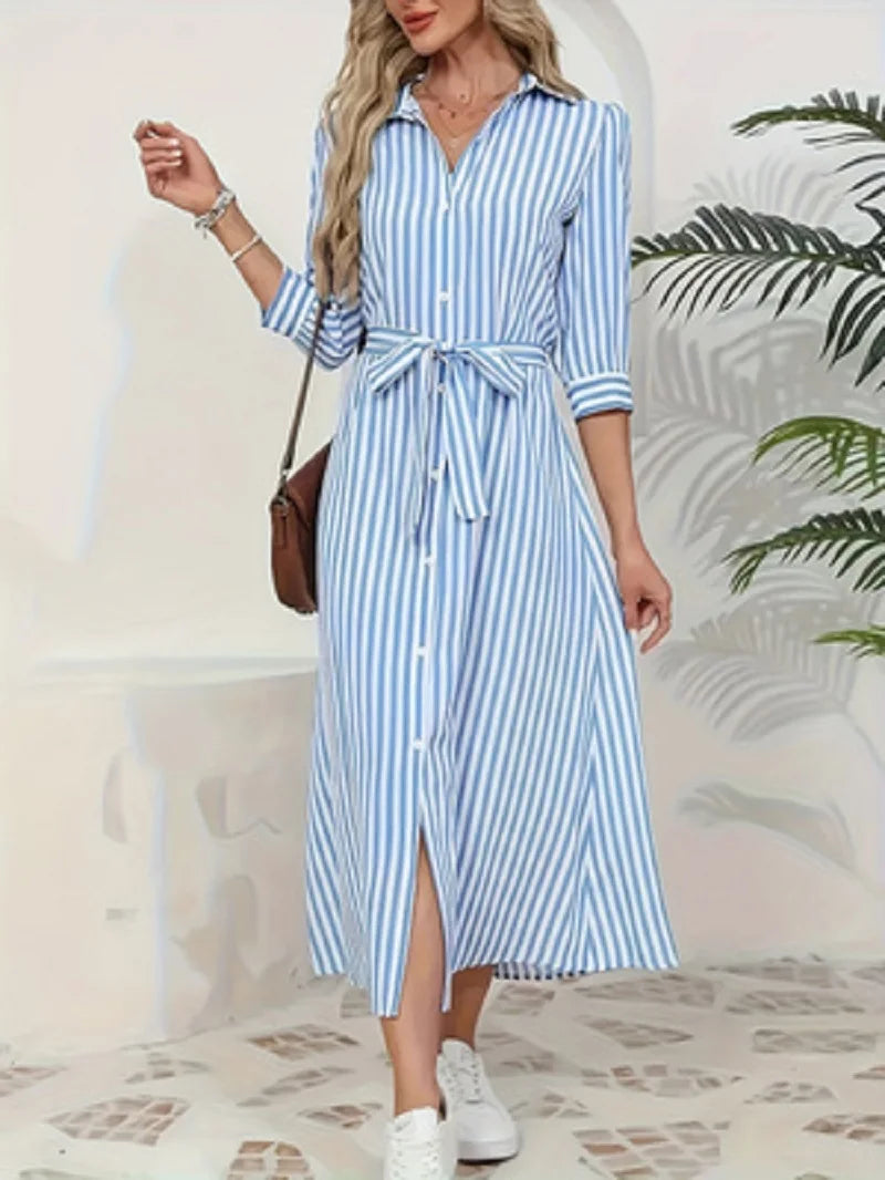 Philippaa Striped Midi Shirt Dress in Blue Stripe