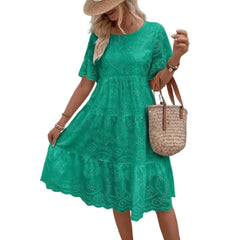 Nerida Embroidered Eyelet Tiered Dress in Green
