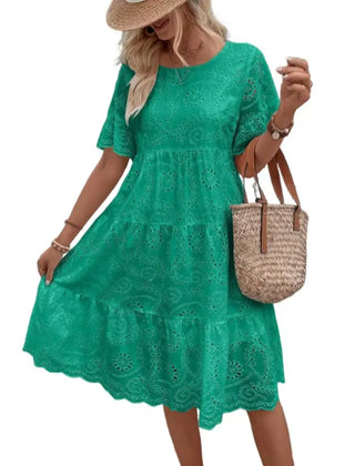 Nerida Embroidered Eyelet Tiered Dress in Green