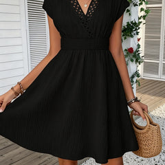 Odetta V-Neck Lace Trim Dress in Black