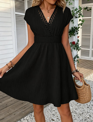 Odetta V-Neck Lace Trim Dress in Black
