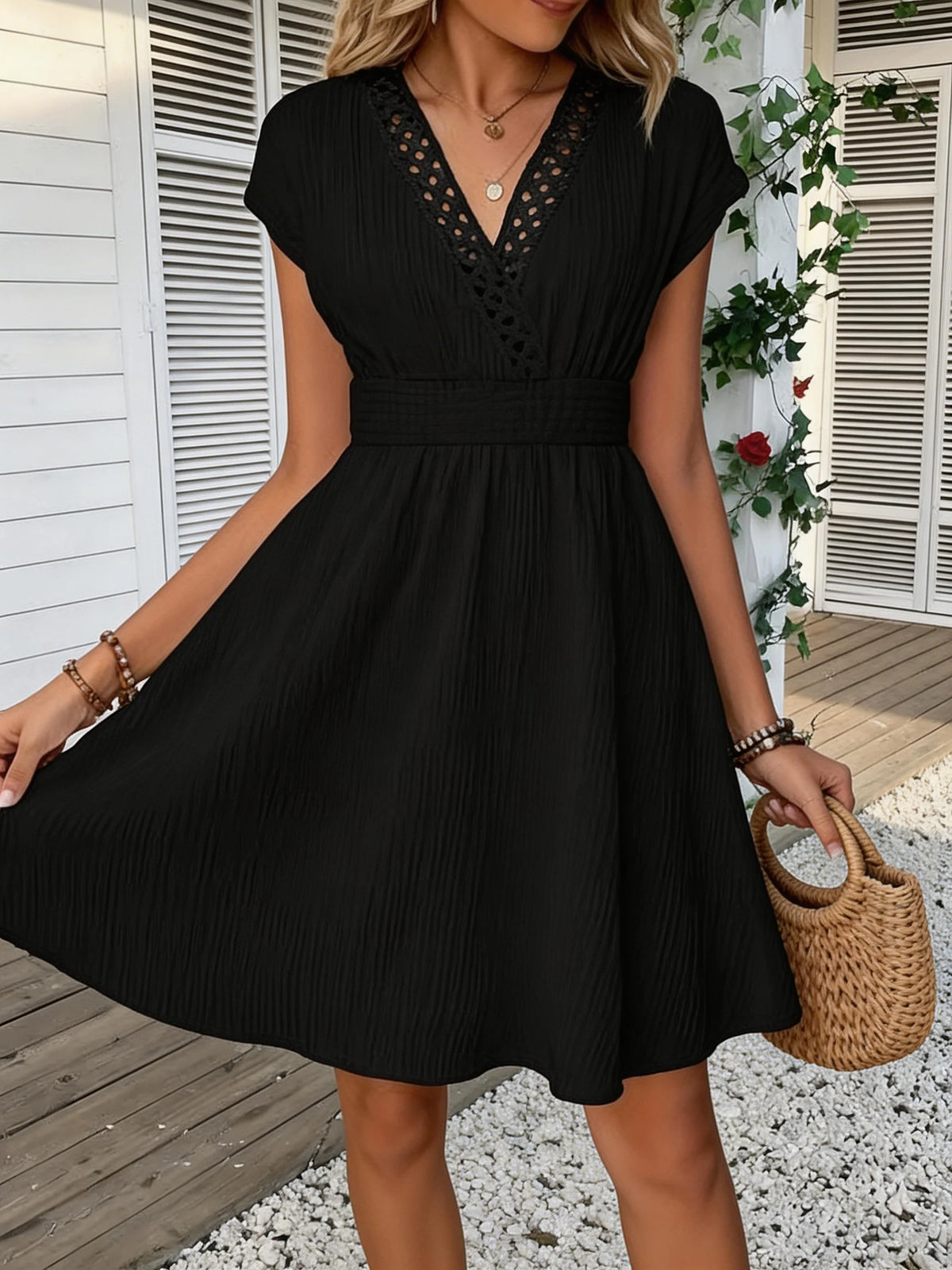 Odetta V-Neck Lace Trim Dress in Black