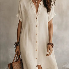 Josie V-Neck Button-Front Shirt Dress in Cream