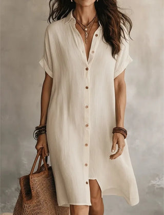 Josie V-Neck Button-Front Shirt Dress in Cream