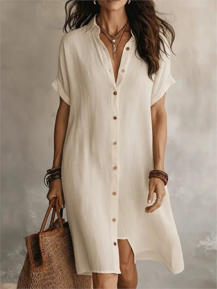 Josie V-Neck Button-Front Shirt Dress in Cream