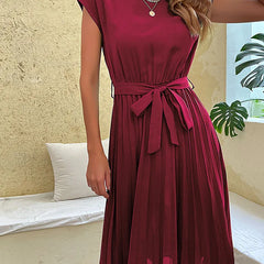 Leonie Pleated Tie-Belt Midi Dress in Wine Red