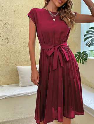 Leonie Pleated Tie-Belt Midi Dress in Wine Red