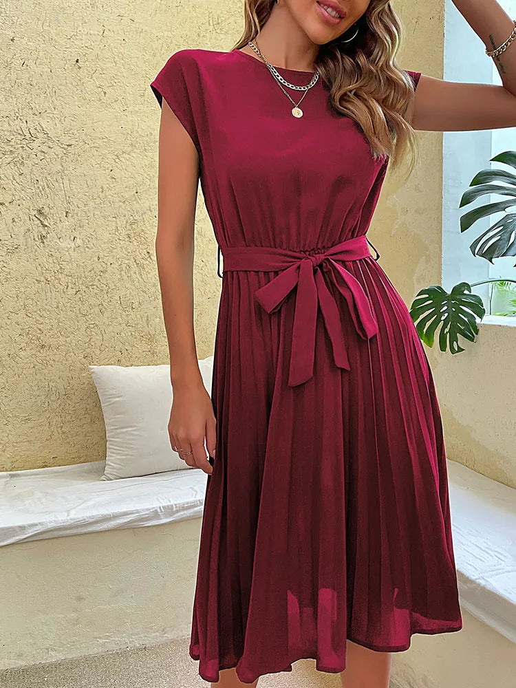 Leonie Pleated Tie-Belt Midi Dress in Wine Red