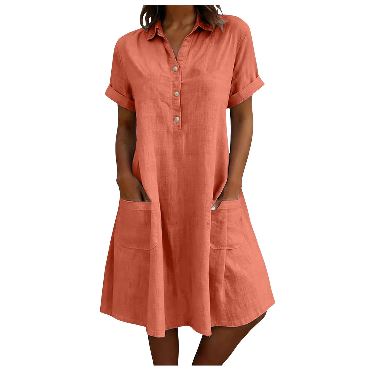 Harriet Collared Pocket Shirt Dress in Coral