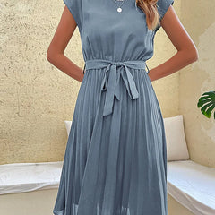 Leonie Pleated Tie-Belt Midi Dress in Dusty Blue