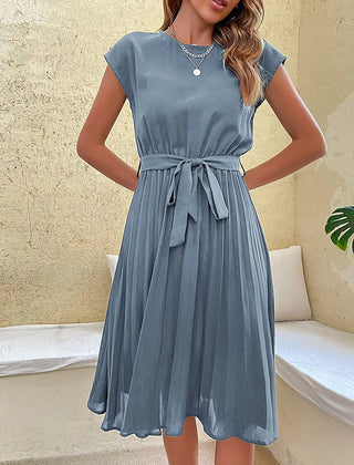 Leonie Pleated Tie-Belt Midi Dress in Dusty Blue