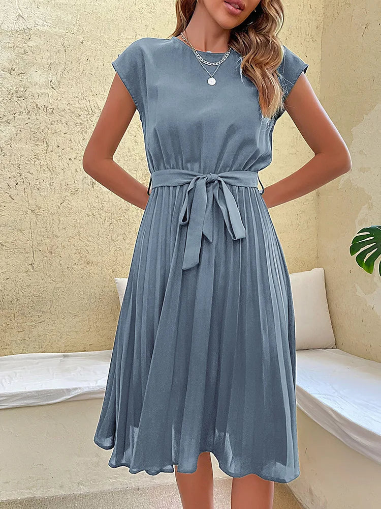 Leonie Pleated Tie-Belt Midi Dress in Dusty Blue