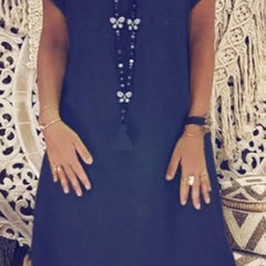 Thea V-Neck Short-Sleeve Shift Dress in Navy