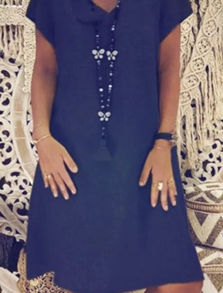 Thea V-Neck Short-Sleeve Shift Dress in Navy