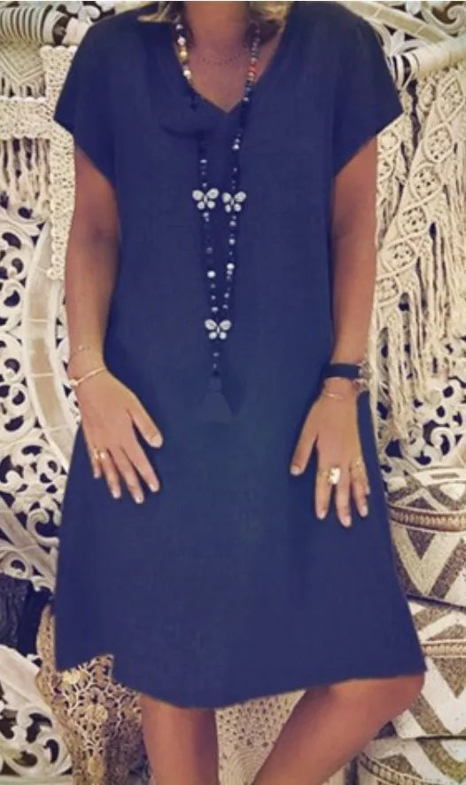 Thea V-Neck Short-Sleeve Shift Dress in Navy