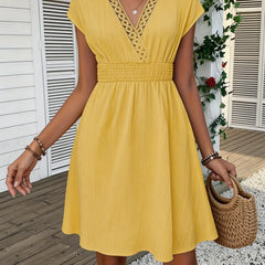 Odetta V-Neck Lace Trim Dress in Yellow