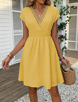 Odetta V-Neck Lace Trim Dress in Yellow