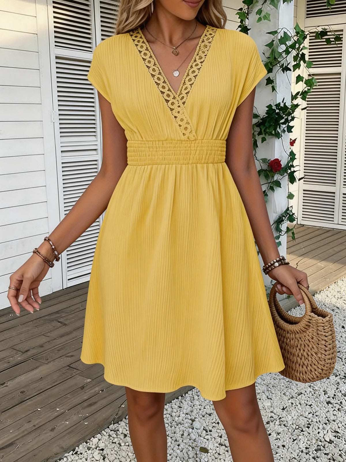 Odetta V-Neck Lace Trim Dress in Yellow
