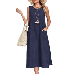 Marigold Sleeveless Pocket Midi Dress in Navy