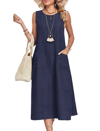 Marigold Sleeveless Pocket Midi Dress in Navy